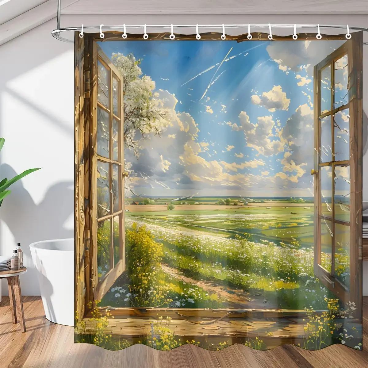 

Занавеска для душа Pardick, комплект водонепроницаемых занавесок для душа с оконными пейзажами и 12 крючками, занавески для душа из полиэфирной ткани для ванной комнаты