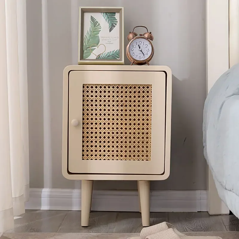 Exclusive Nordic Bedside Table Rattan Weaving Circular Arc Corner Multi Function Storage, Chic Bedroom Furniture, Stylish Design