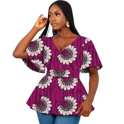 Pagoda Sleeve Women's Pleated Blouse Ankara Style V-Neck Tops Tailored Colorful Print Female Party Clothing