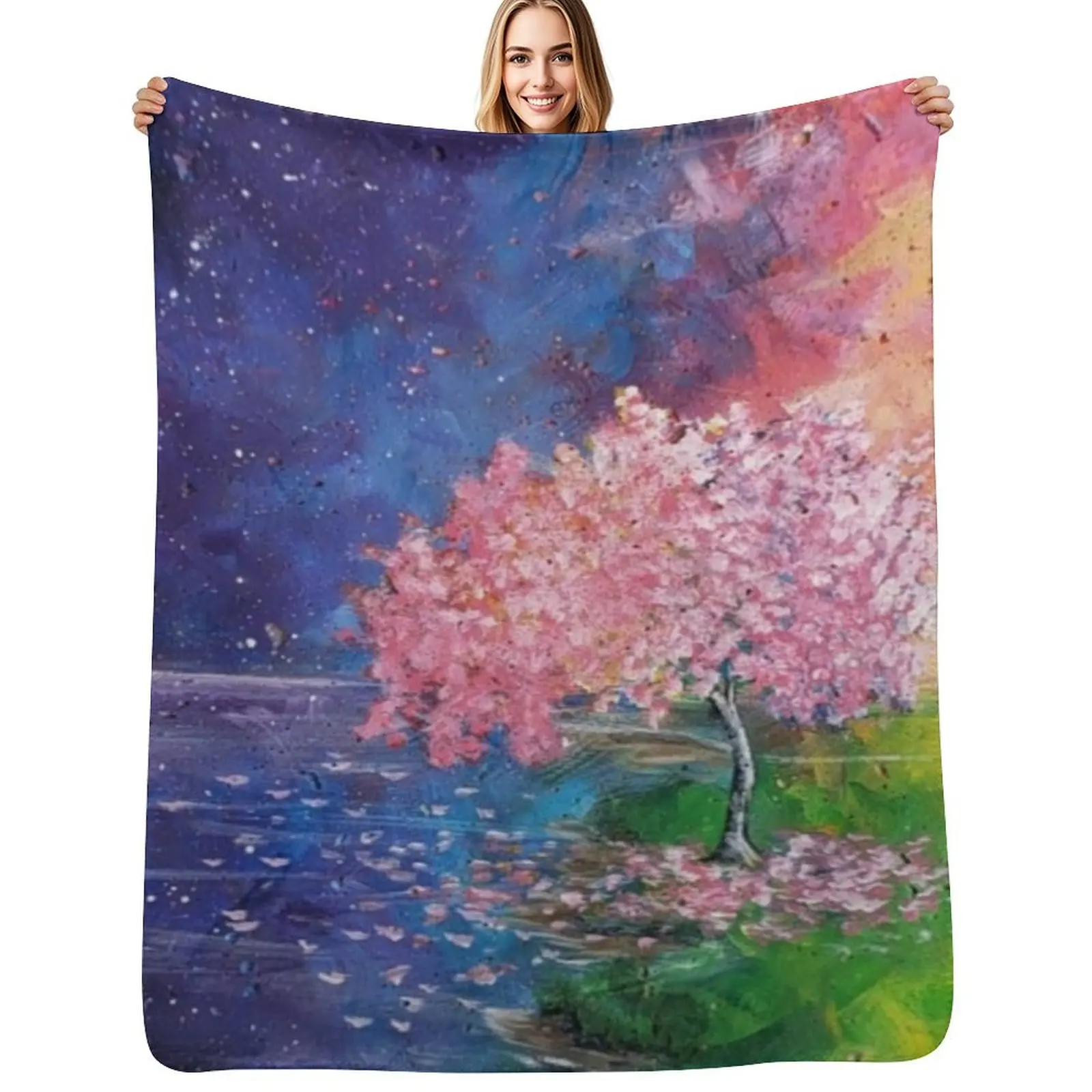 

Tree in bloom with colorful background Throw Blanket Travel Size Cozy Blanket for Plane Train