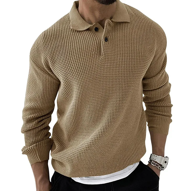 Mens Long Sleeve Waffle Knit Polo Top Solid Color Button Lapel Relaxed Pullover Shirts Casual Streetwear for Spring Fall