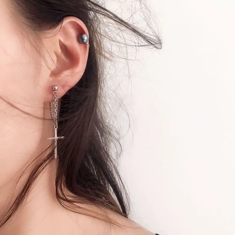 2PCS Cross Ear Cuff Earrings Tassel Rhinestones Piercing Stud Earring Simple Chain Clip Earrings Cuff 2023 Trendy Women Jewelry