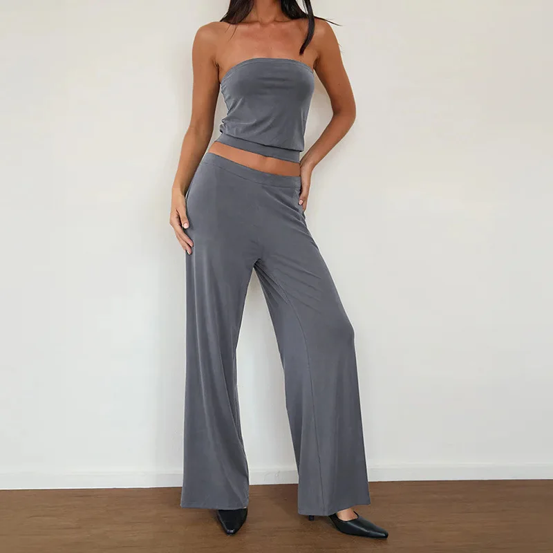 

Two-piece Set Women's Solid Tube Top & Pants, Casual Fashion Cozy Set for Daily Outdoor Wear, Ladies Clothes for Summer