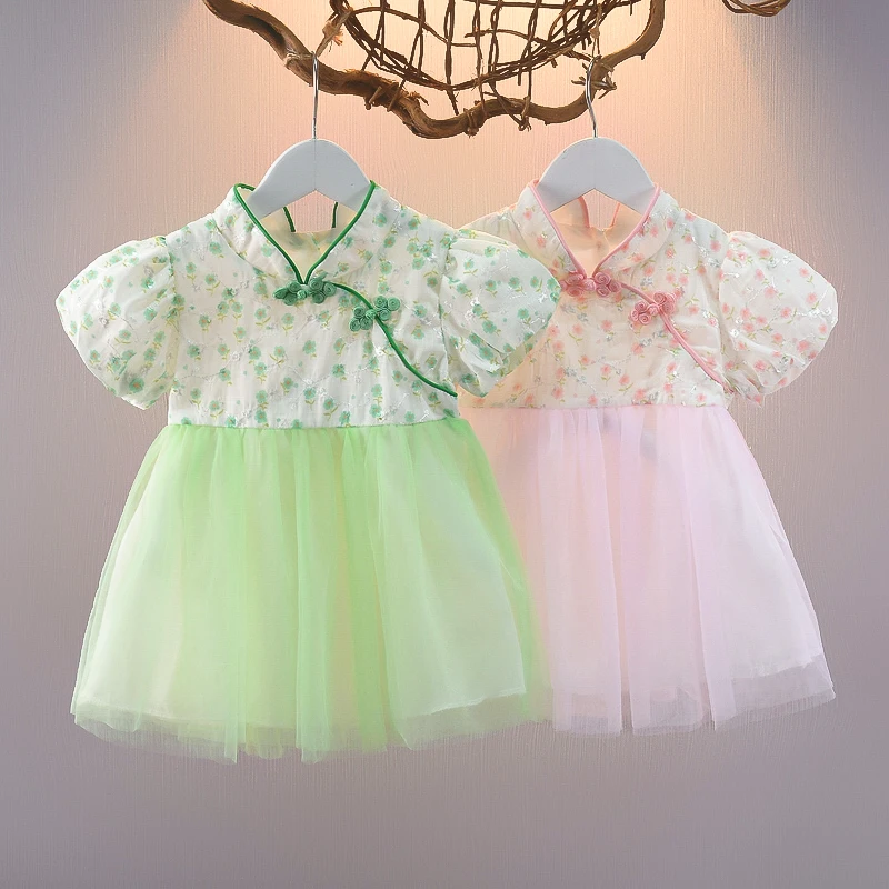 New Chinese style girl Hanfu Qipao Dress Sweet Summer Flower Preschool Princess Dress Suitable for Children and Newborns Aged0-5