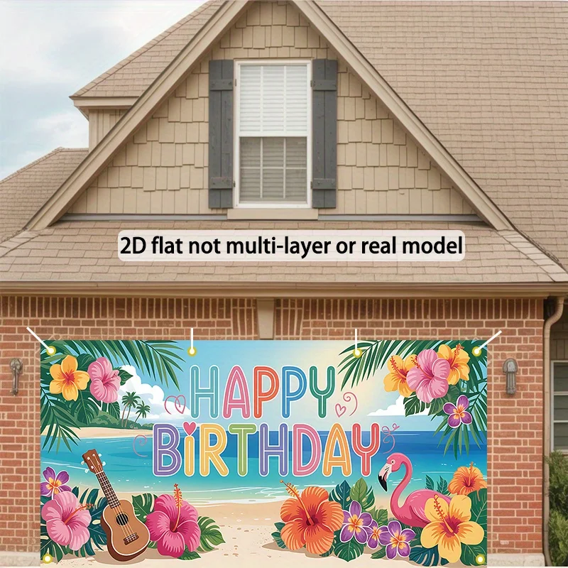 خطة ثنائية الأبعاد، علم حفلة شاطئ استوائي واحد - تصميم "عيد ميلاد سعيد" نابض بالحياة مع أشجار النخيل والرافعة والمناظر البحرية