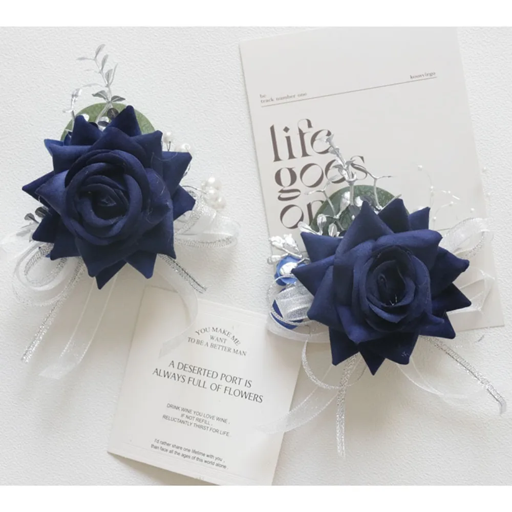 Корсаж и бутоньерка темно-синяя искусственная роза ручной работы на запястье корсаж и бутоньерка с цветком жениха свадебное украшение