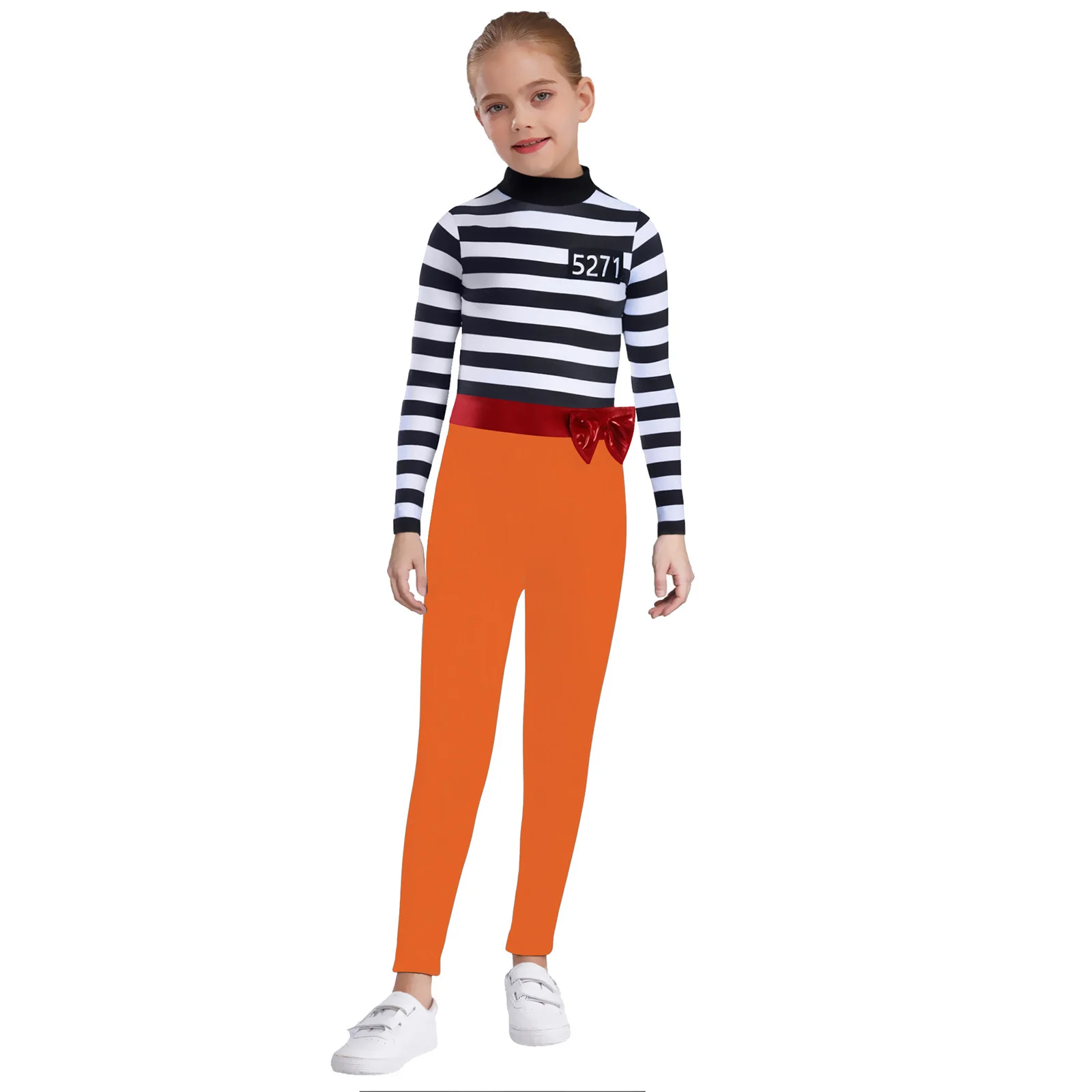 

Girls Prisoner Cosplay Jumpsuit Zipper Long Sleeve Contrast Color Stripes Jumpsuit+Non-detachable Bow for Halloween Fancy Party