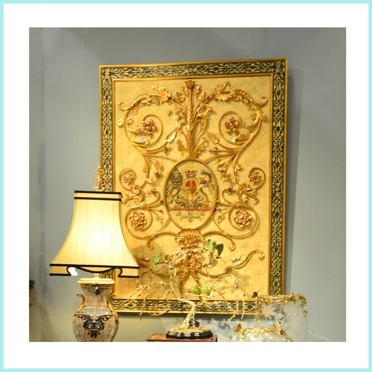 European luxury hand-painted retro blue hollowed-out carving golden villa solid wood paint painting