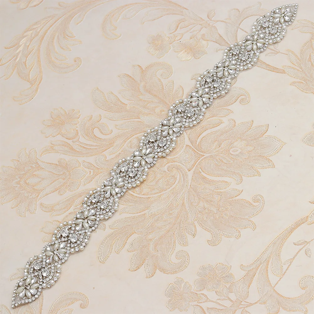 Rhinestone Pearls Stunned Patch Iron on Bridal Wedding Waistband Applique Trim Craft Accessories Garment Belt Hot Fix Sew Iron