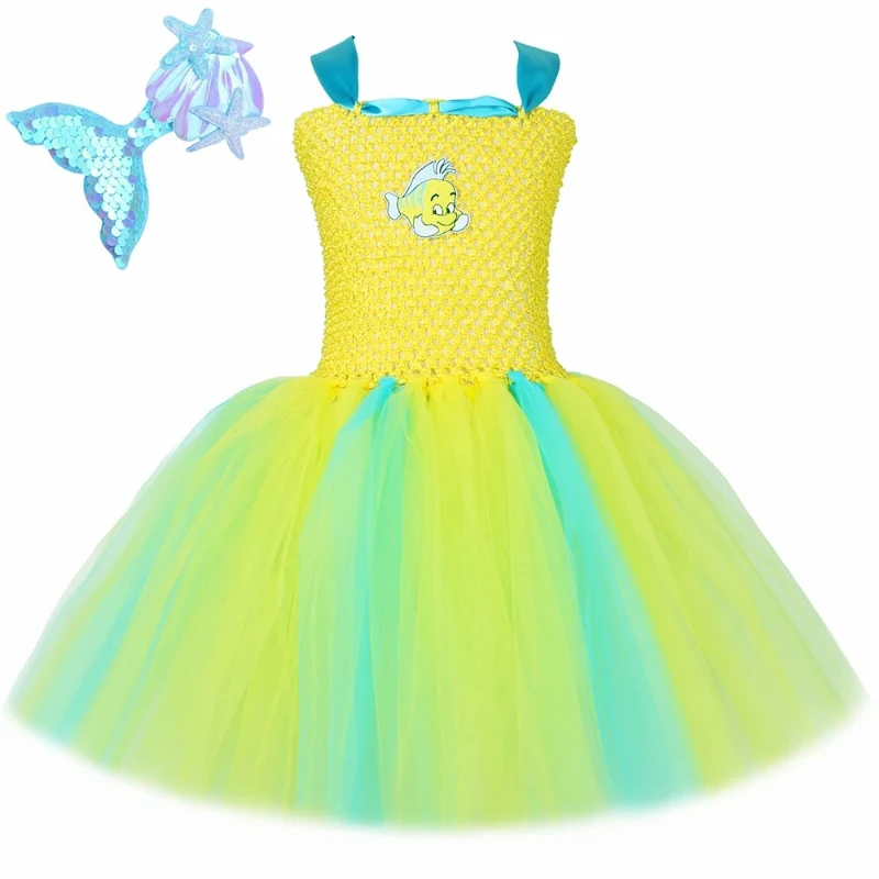 Flounder Costume Toddler Kids Halloween Carnival Birthday Party Dress Up Girls Little Mermaid Yellow Tropical Fish Tutu Dress