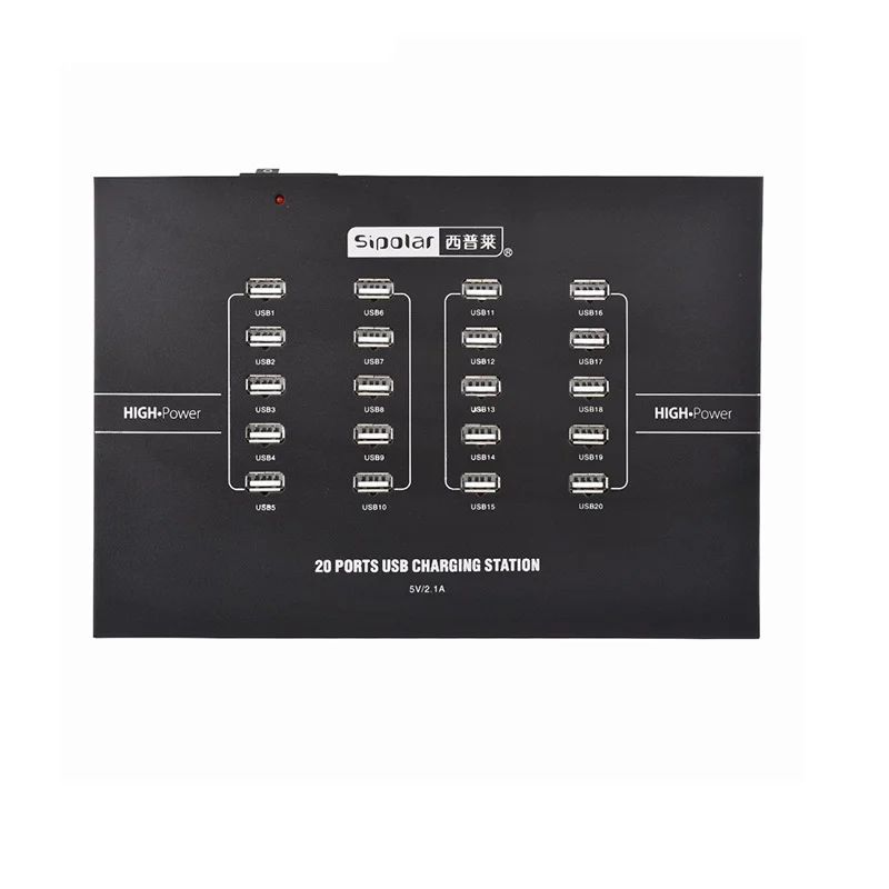 Aluminum 20 Port 2.1A USB Charging Station for Cell Phone Tablets Built in 5V 40A 110V/220V Industrial Power Adapter