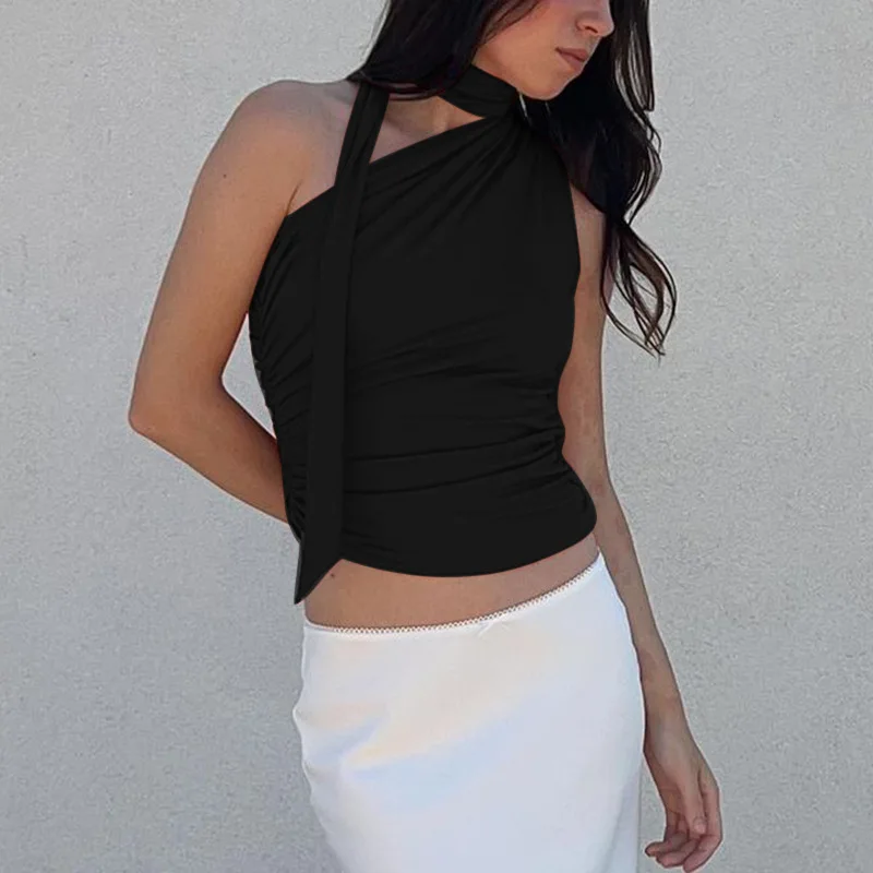 Summer Slim-fit Single Oblique Shoulder Streamer Neck Design Feel Ruffled Vest T-shirt Top