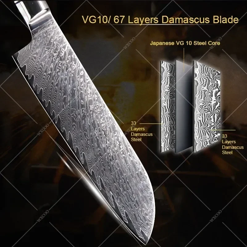 Professional Japanese Santoku Chef Knife Damascus Steel VG10 Meat Fish Fruit Knife Butcher Cleaver Kitchen Knife with Gift Box