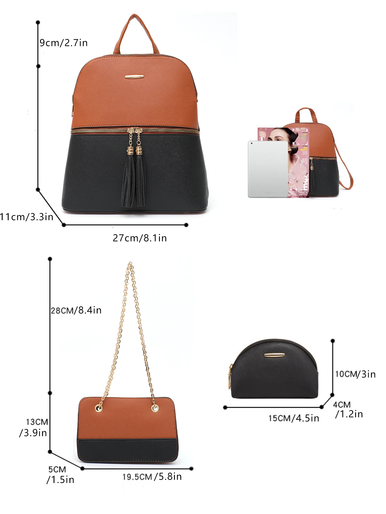 CEZIRA Women Fashion Designer PU Vegan Leather Backpack Luxury Tassel Contrast Color Small Chain Purse Pouch Cardholder Bags Set