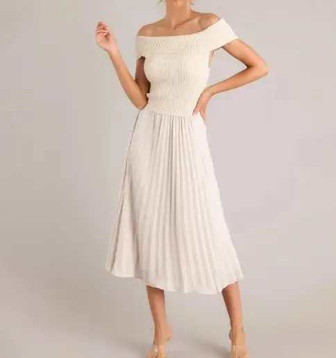 Zomer een schouder strapless slim fit temperament gebreid shirt hoge taille plooirok damesmode casual outfit