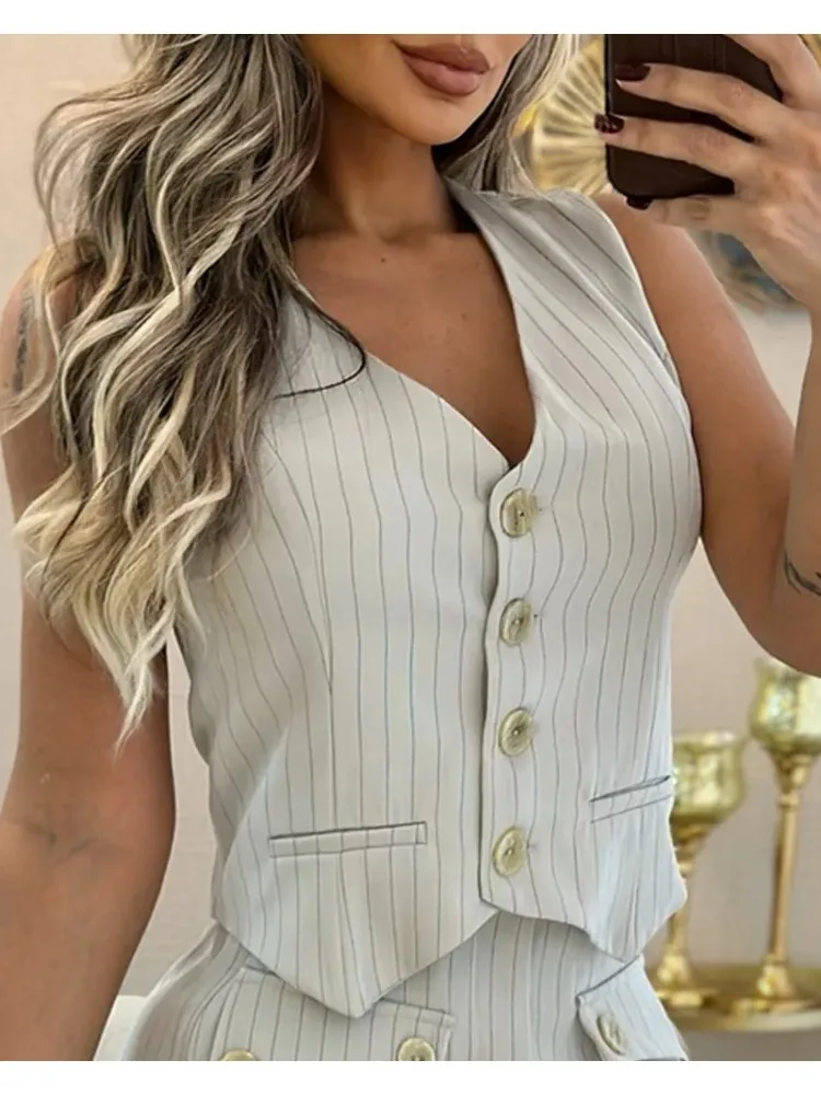 Office Lady Skirts Set Women Casual Suits 2024 Spring Summer V-Neck Striped Vest Top & Slit Flap Detail Skorts Sets Outfits