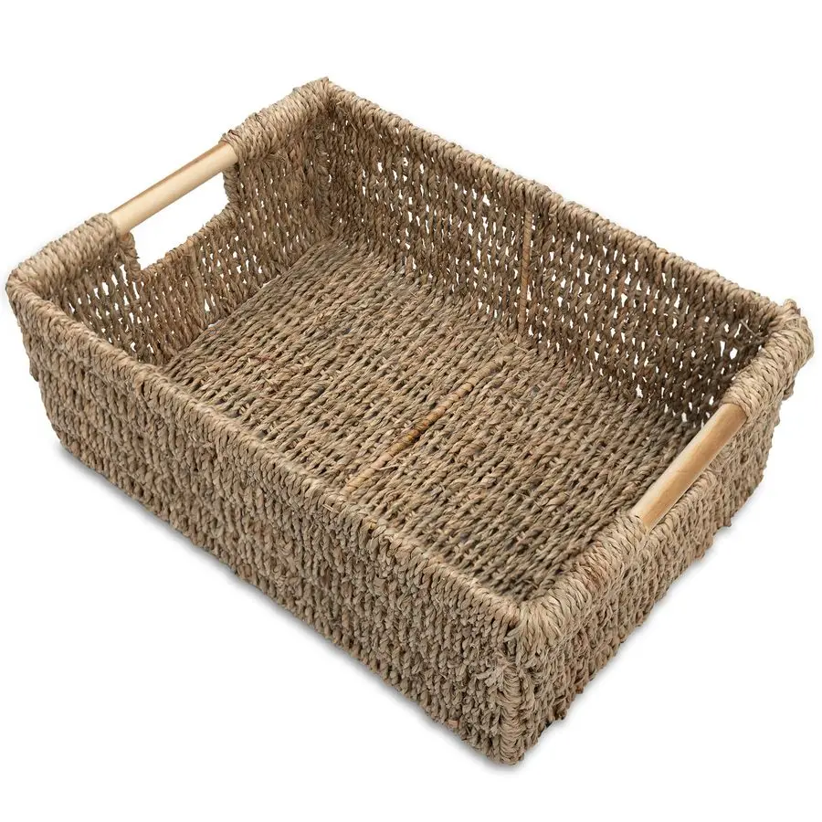

Natural Wicker Basket Rectangular with Wooden Handles, Seagrass Storage for Organizing, Shelves 15.5 x 10.6 x 5.5 inches