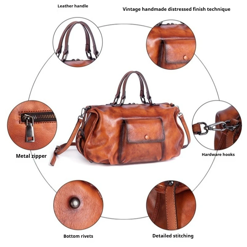 Women's Luxury Vintage Shoulder Bag Top Grain Genuine Leather Convertible Crossbody Bag Logo Free