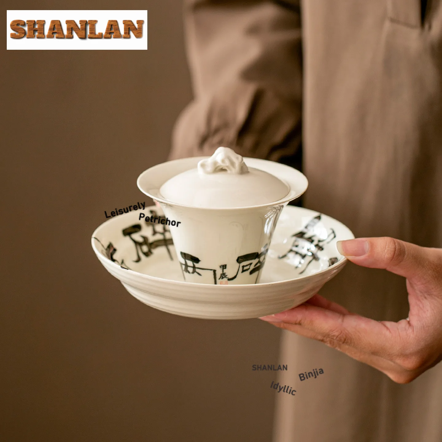 120ml Plant Ash Handwritten Calligraphy Gaiwan Tea Tureen Tea Bowl With Lid Kit Tea Maker Cover Bowl Chinese Tea Ceremony Craft