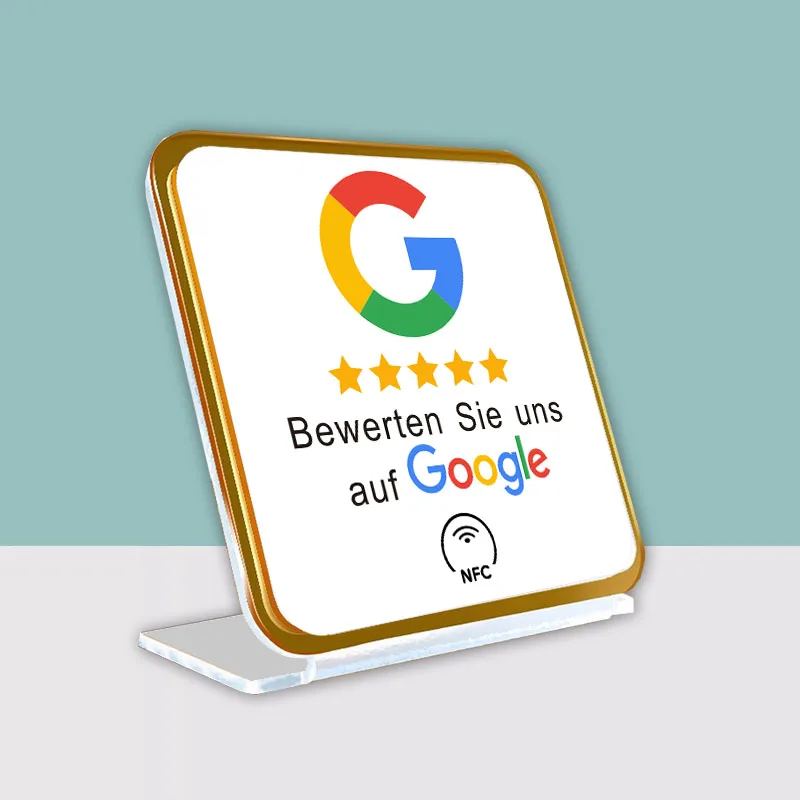 حوامل عرض الكتابة الألمانية تزيد من المراجعات الخمس نجوم الخاصة بك وعلامات مراجعة NFC وعلامات الوسائط الاجتماعية NFC Google Instagram WhatsApp