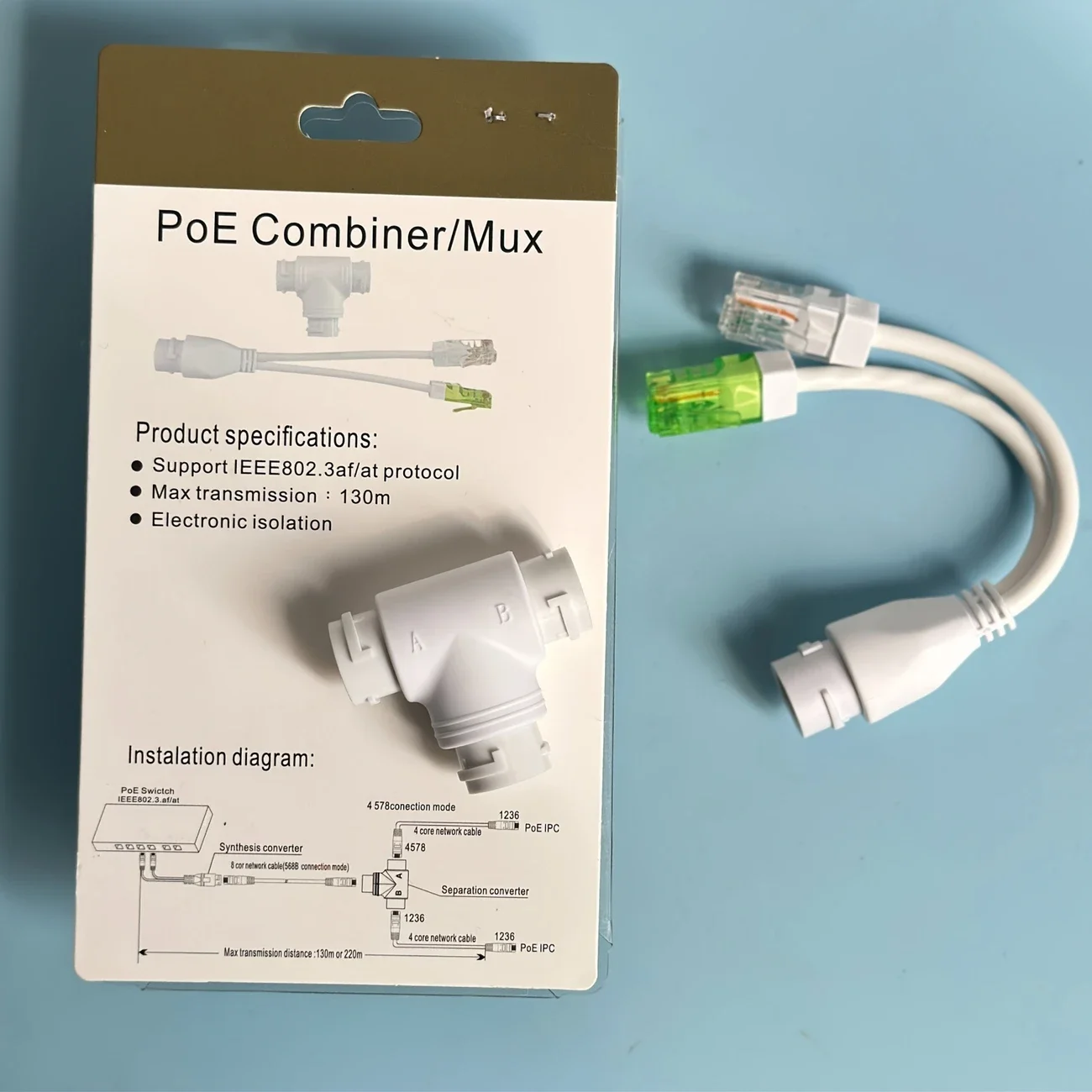 POE Splitter 2-in-1 Network Cabling Connector Three-way RJ45 Connector for Security Camera install