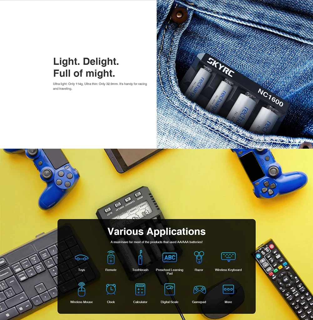 SKYRC NC1600 Battery Charger with Analyzing Function for AA/AAA Ni-MH-Nichrome 5-7 Mixed Battery Charging