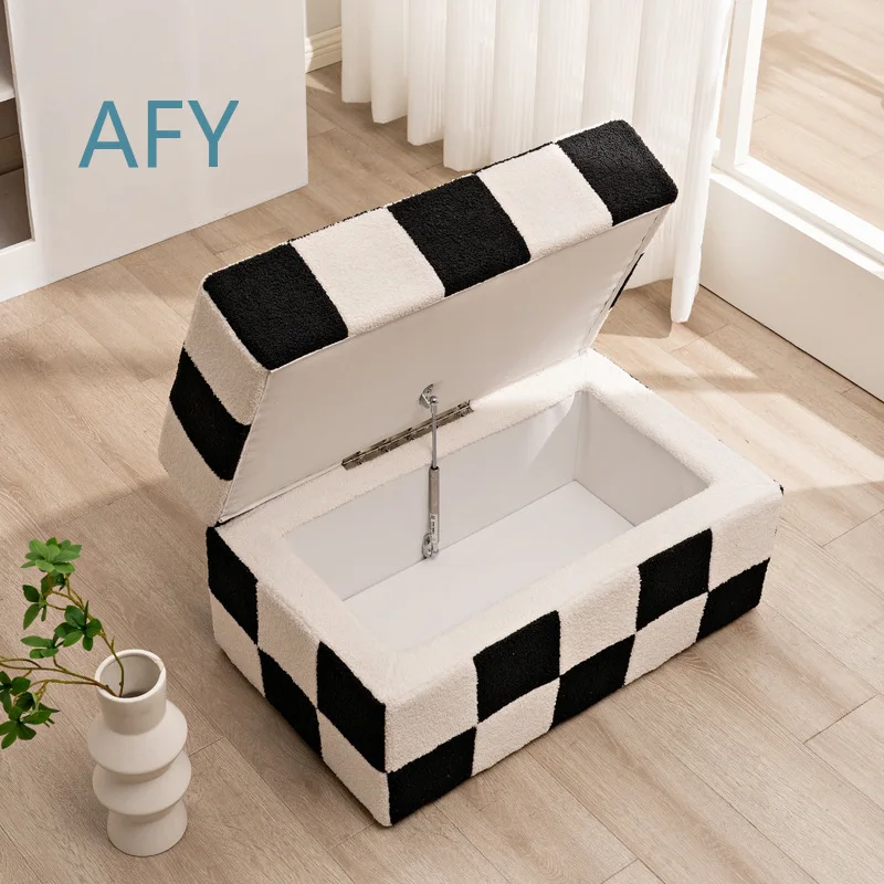 Nordic Black and White Checkered Shoe Bench for Bedroom Footstool Storage Ottoman Bed End Bench Modern Minimalist Sofa Seat