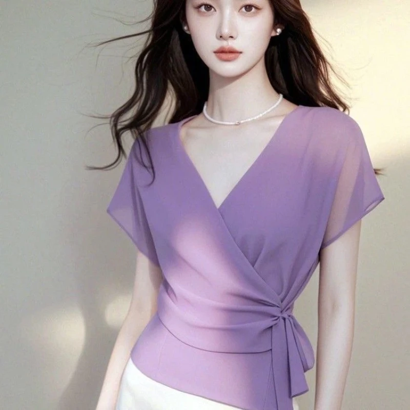 Women's Elegant V-Neck Solid Pleated Chiffon T-Shirt Summer 2026 New Waist Tie Short Sleeve Irregular Top view 3