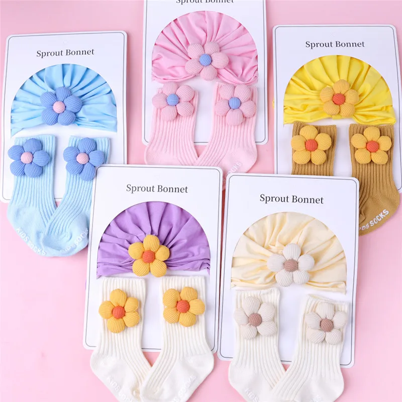 

2 Pcs/Set Baby Hat Socks Set Newborn Girls Cute Flowers Toddler Princess Sock Infant Hair Accessories Gift