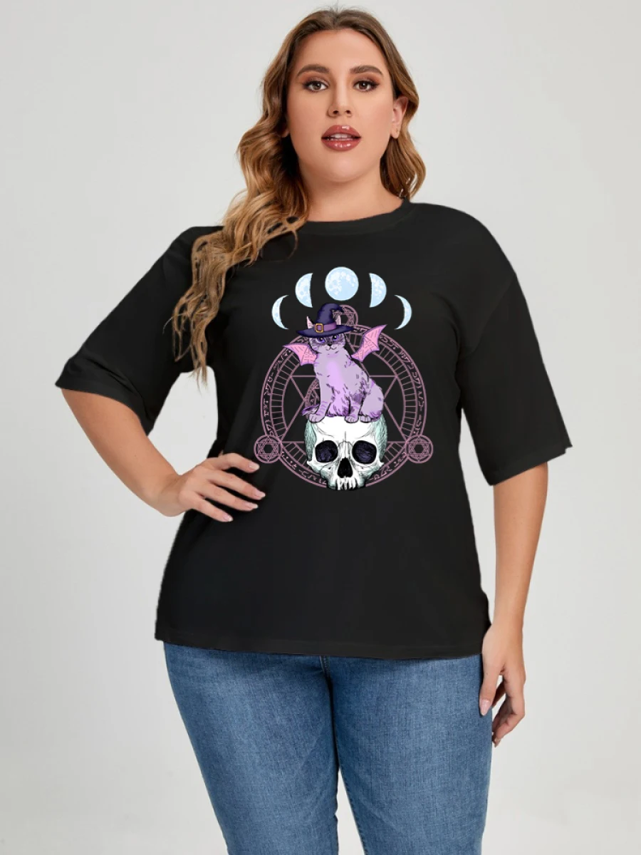 Plus Size Women T Shirt Hip-Hop Loose Punk Cat Skull Tops Tee Black T-shirt Female Summer T-shirt 90s Graphic Female Cool Tee