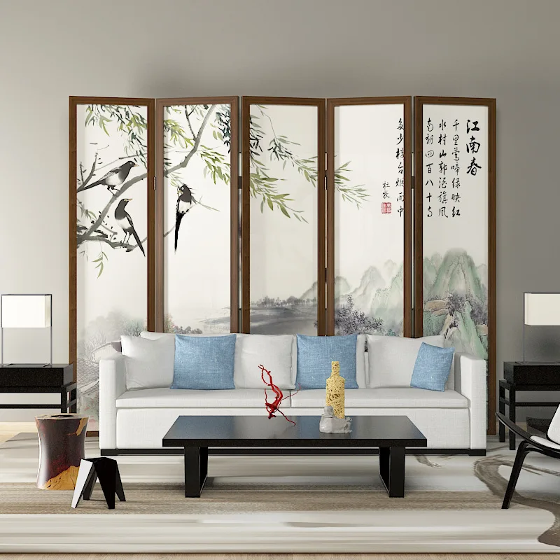 New Chinese-style landscape flowers and birds folding screen partition living room can be moved into the home to block the hotel