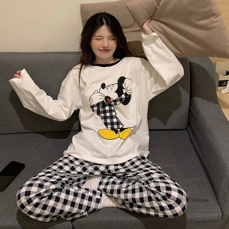 Disney Cartoon Mickey Long Sleeve Cotton Sleepwear Sweet Y2k Girl Kawaii Casual Pajamas Spring Autumn New Cute Home Clothes Set