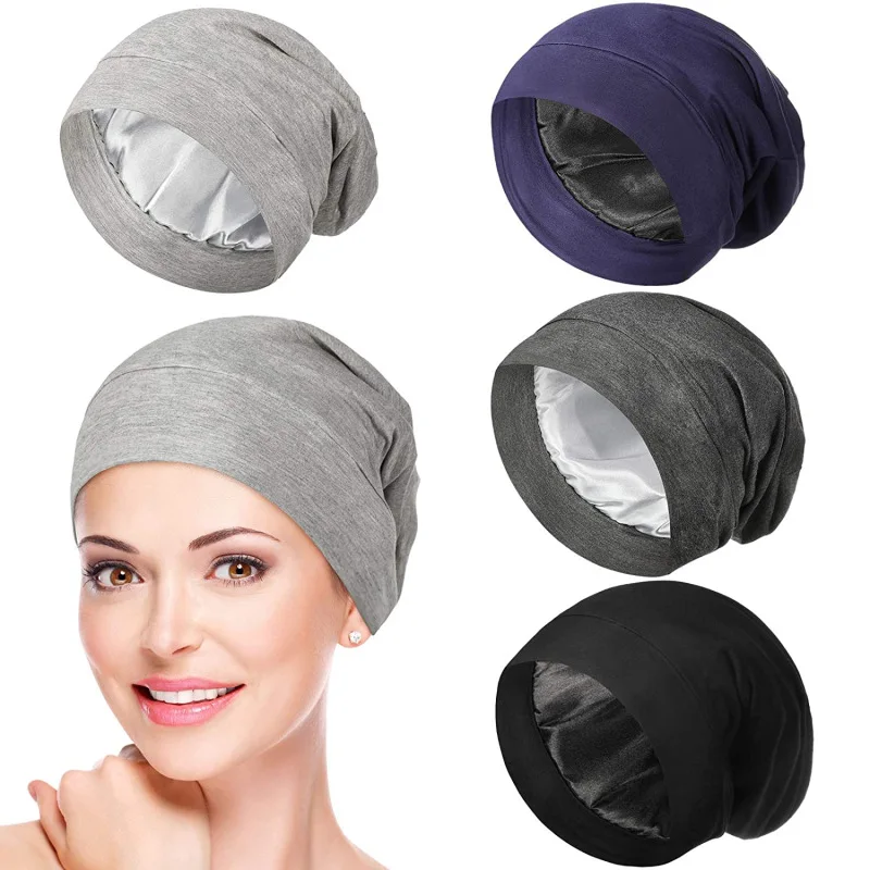 Satin Lined Beanies Hat For Women Bamboo Cotton Stretch Satin Bonnet Cap For Men Silk Night Sleeping Cap Skullies Headwrap