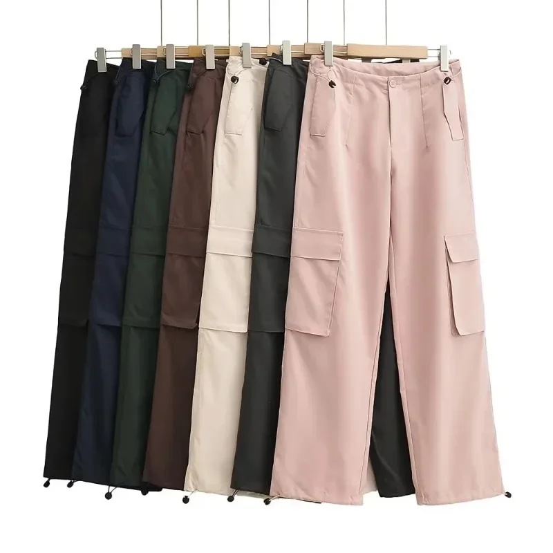 Leisure Street Shooting Trendy Workwear Pants with High Waist Loose Three Dimensional Pocket Design Tie Feet Two Wear Guards