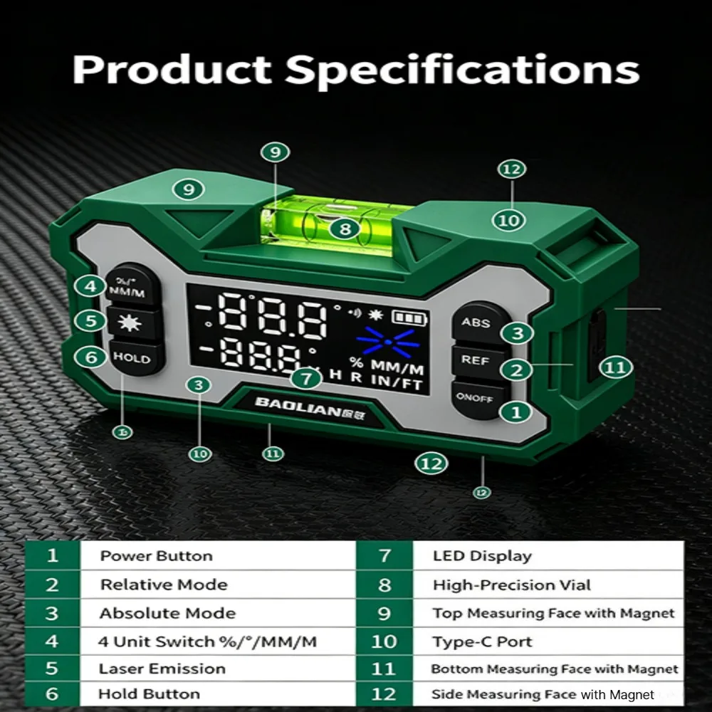 Laser-Elektronischer Digitaler Neigungsmesser mit Starker Magnetischer Absorption, Winkelmessinstrument, Nivellierwerkzeug – Detail 15