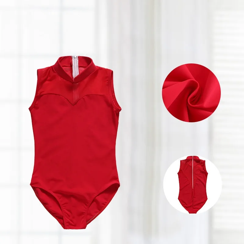 customized Children's solid color stand up collar jumpsuit children's gymnastics jumpsuit performance leotard for girls bodysuit