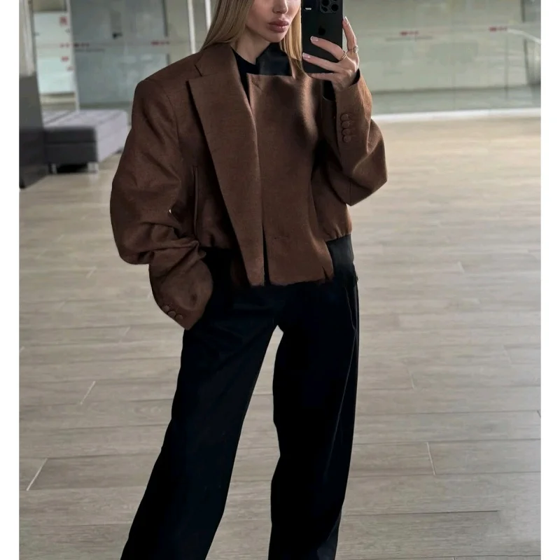 

Fall New Women's American Retro Barn Sle Simple Color Blo Collar Long Sve ort Jaet Coat Casual Faion Ladies' Out...