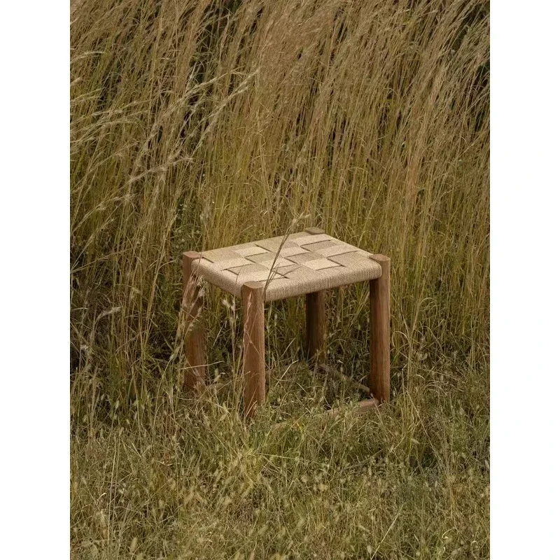 Retro solid wood stool, surprised by the wind, hand-braided rope, elm dressing stool, medium antique dining chair, shoe