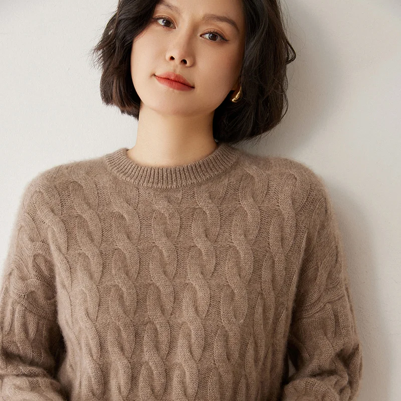 Damen-Komfortpullover aus 100 % Kaschmir, gestrickt, O-Ausschnitt, Kabelstich-Pullover, schlicht, sanft, exquisit, weich, warm, dick, langärmelig