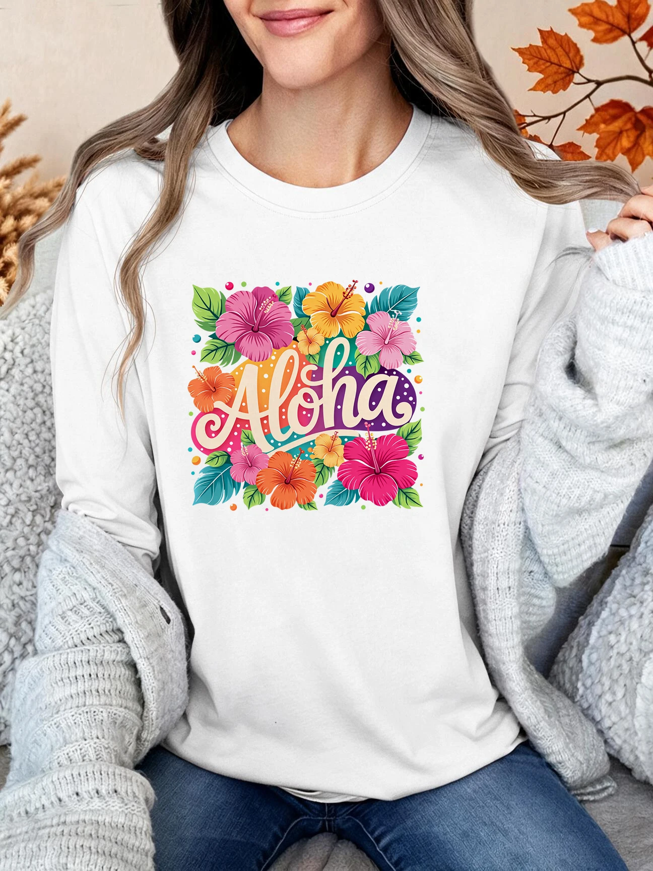 Aloha Tropical Hibiscus Flower Colorful Printed Long Sleeve Round Neck T-Shirt Women's Fashion Y2k T Shirt Graphic Tops Femme