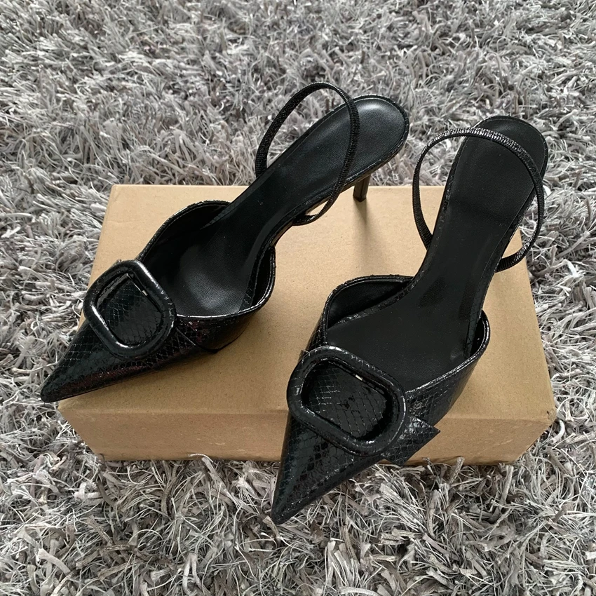 Elegante schwarze Schuhe für Damen, modisches Schnallen-Design, 2025, Sommer, hochhackige Slingback-Stiletto-Schuhe mit spitzer Zehenpartie, weibliche Bürosandale