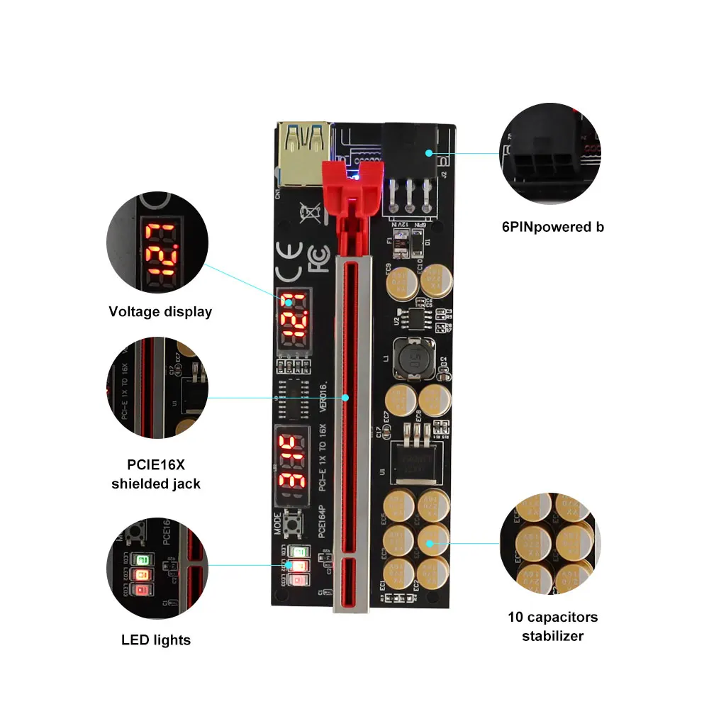 Imagem -03 - Ver 016 Pci-e Riser Cartão Ver016 Pci Express x para 16x Extensor 6pin Btc Etc Mineração Usb 3.0 Pcie Riser para Placa de Vídeo 12 Peças