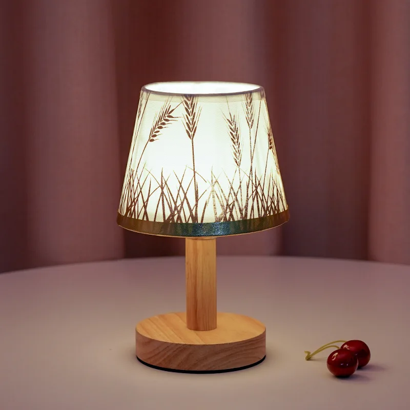 Solid Wood Night Lamp New Linen Table Lamp LED Desk Lamp Eye Protection Nightstand Lamp USB Powered Beside Lamp Bedroom Decor