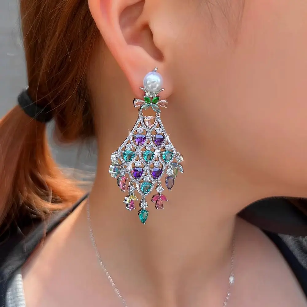 CWWZircons Colorful CZ Drop Earrings Yellow Gold Color Waterdrop Frame Luxury Bold Statement Earrings for Cocktail Prom Party
