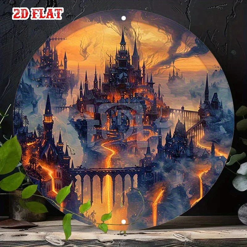 2D Flat, 1pc Vintage Medieval Castle Metal Wall Decor - Gothic Dark Fantasy Landscape with Golden Bridges & Ancient Ruins - He