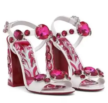 Summer Yellow Purple Flower Print Leather 6/9 CM Square Heels Sandals Porcelain Diamond Crystal Open Toe Banquet Sandals Lady