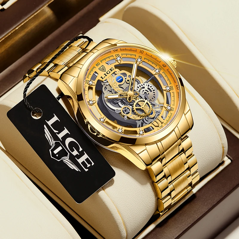 LIGE 2023 New Gold Watch Women Watches Ladies All Steel Skeleton Design Women\'s Bracelet Watches Female Clock Relogio Feminino