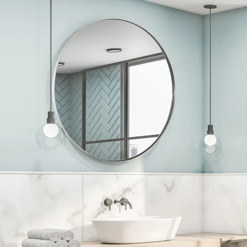 Round Mirror 30 Inch, Chrome Round Wall Mirrors for Bathroom, Polished Silver Wall Mirror for Vanity in Stainless