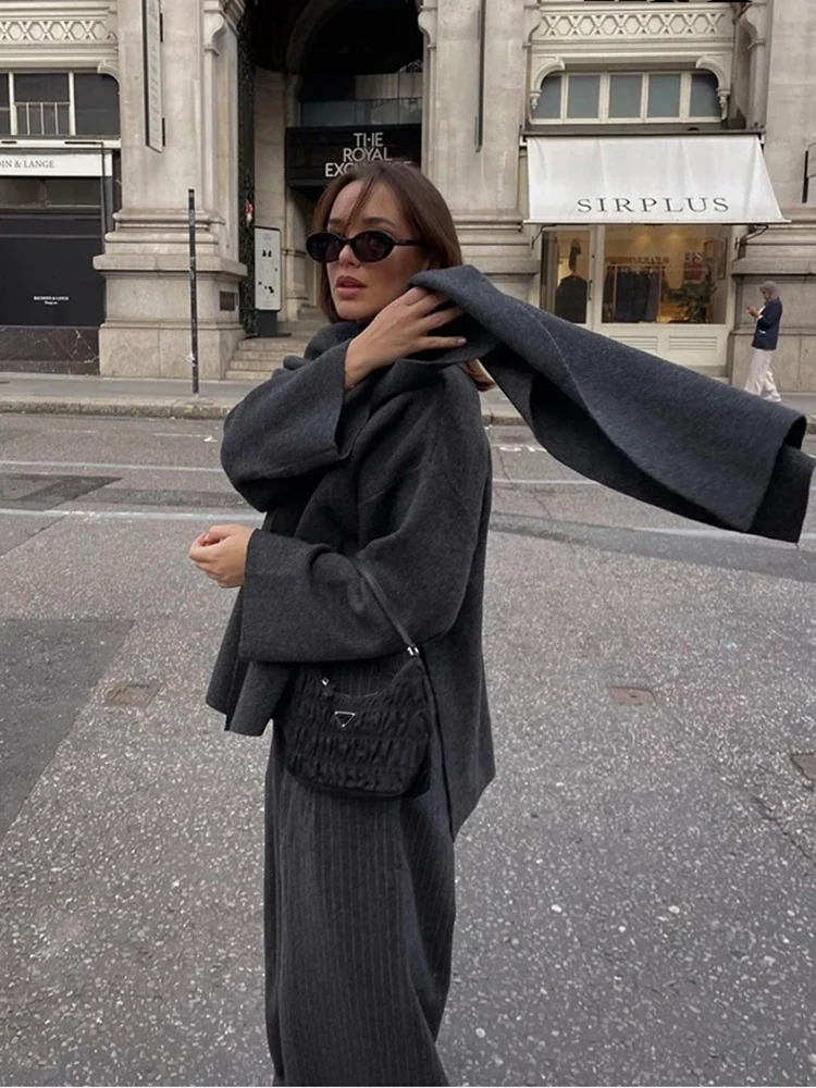 Damski jesienno-zimowy nieregularny szalik z dzianiny Krótki płaszcz Casual Solid Colour Luźna kurtka Jednorzędowy płaszcz z długim rękawem