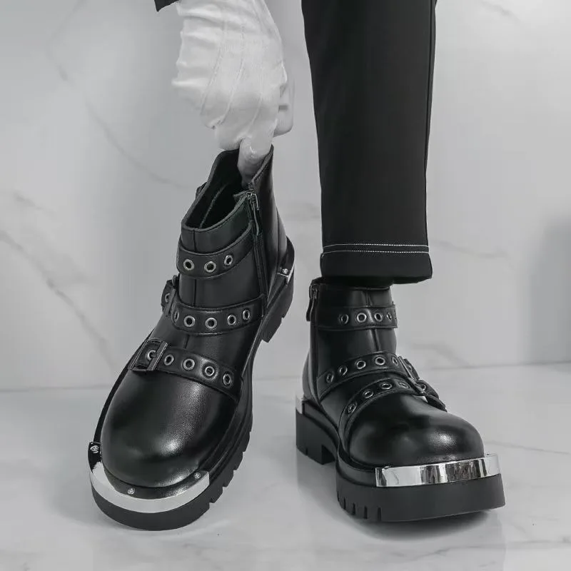 Fashion Black Men's High Top Multi Functional Casual Shoes with Rivet Metal Decoration Ankle Boots Business Motorcycle Boots
